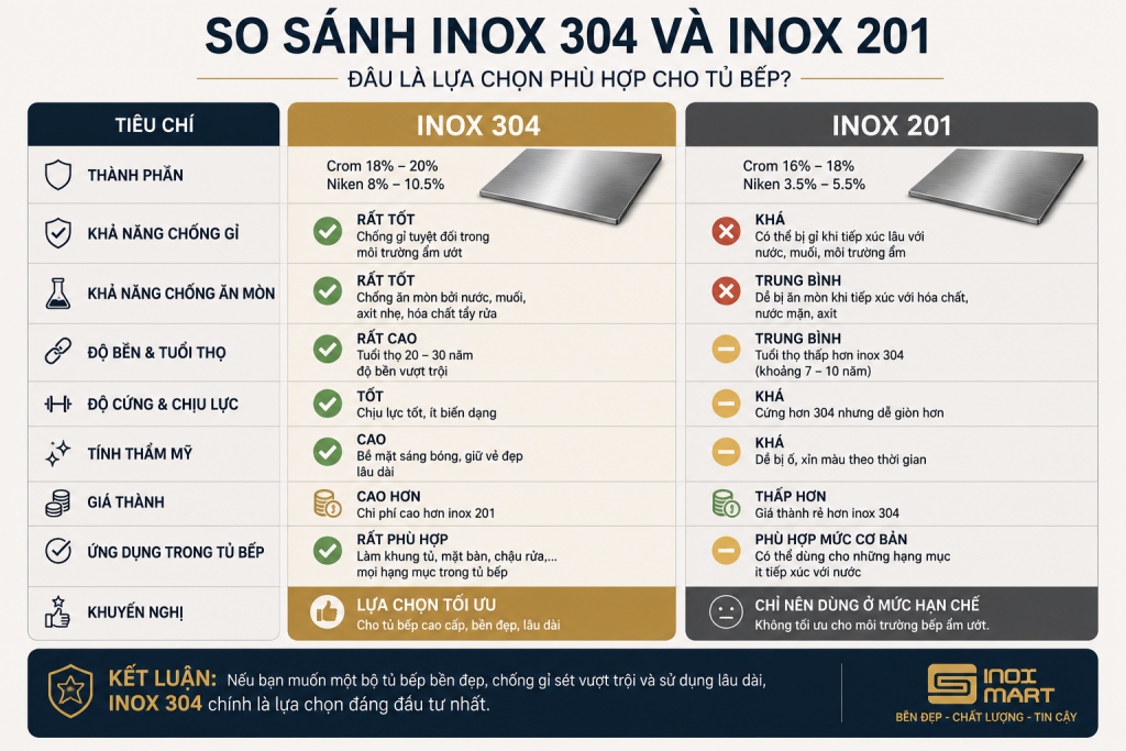 Bảng so sánh inox 304 và inox 201