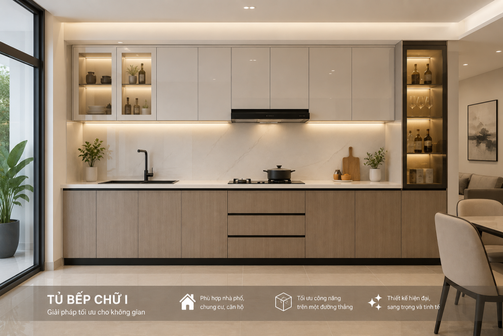 Tủ bếp chữ I đẹp cho nhà ở hiện đại