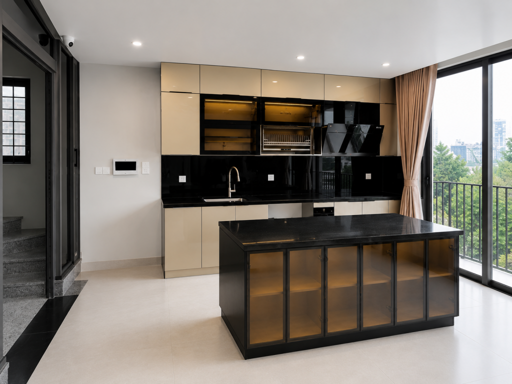 Đảo bếp của tủ bếp inox cánh kính màu champagne