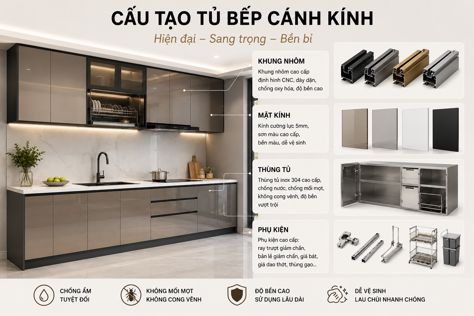 Cấu tạo tủ bếp cánh kính