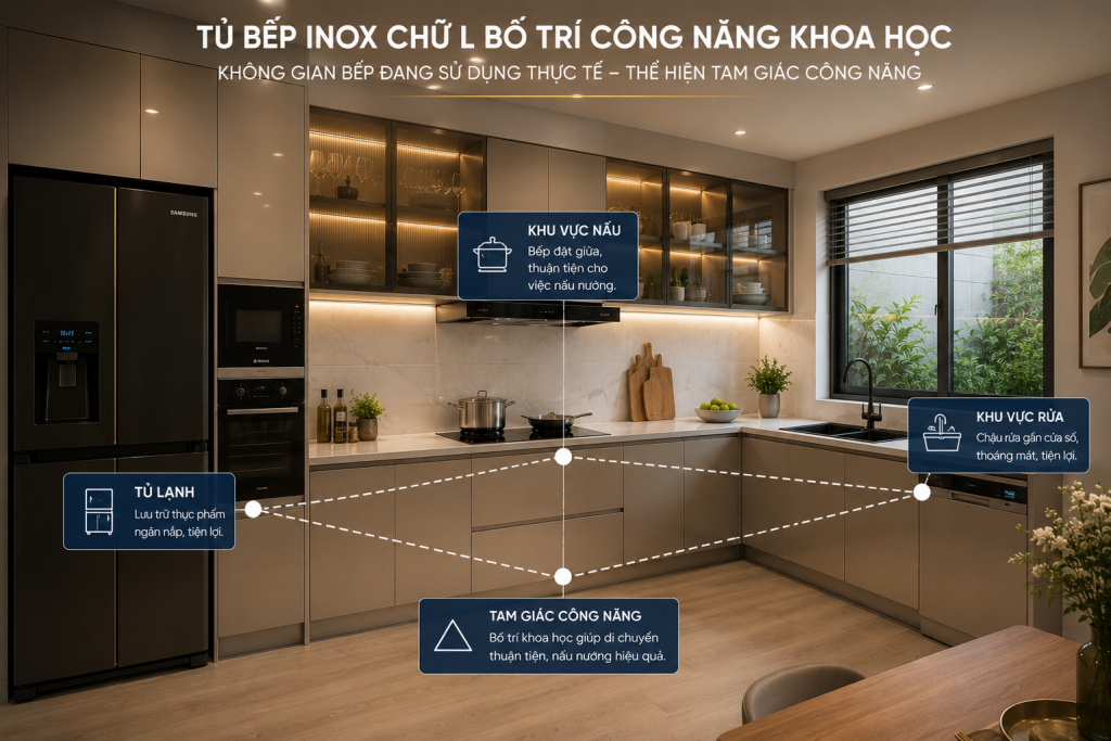 Tủ bếp inox chữ L bố trí công năng khoa học trong căn bếp