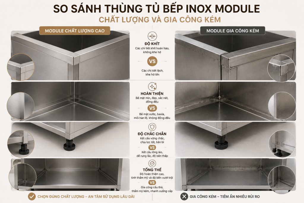 So sánh thùng tủ bếp inox module chất lượng và gia công kém
