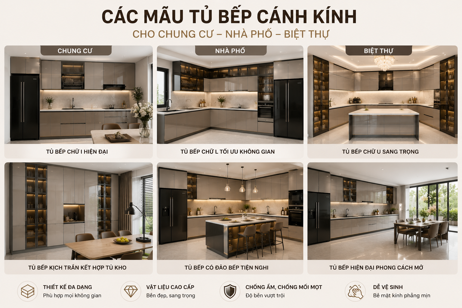 Các mẫu tủ bếp cánh kính cho chung cư, nhà phố và biệt thự