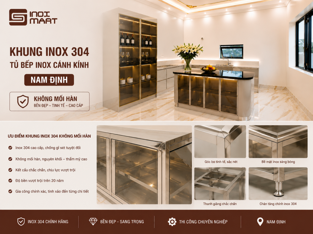 Khung inox 304 của tủ bếp inox cánh kính Nam Định