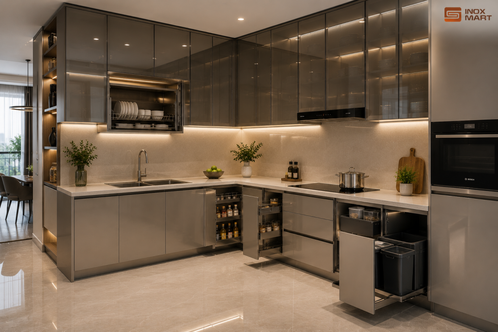 Bộ tủ bếp inox Cao cấp với nhiều phụ kiện thông minh