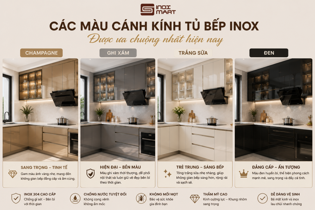 Các màu cánh kính tủ bếp inox được ưa chuộng
