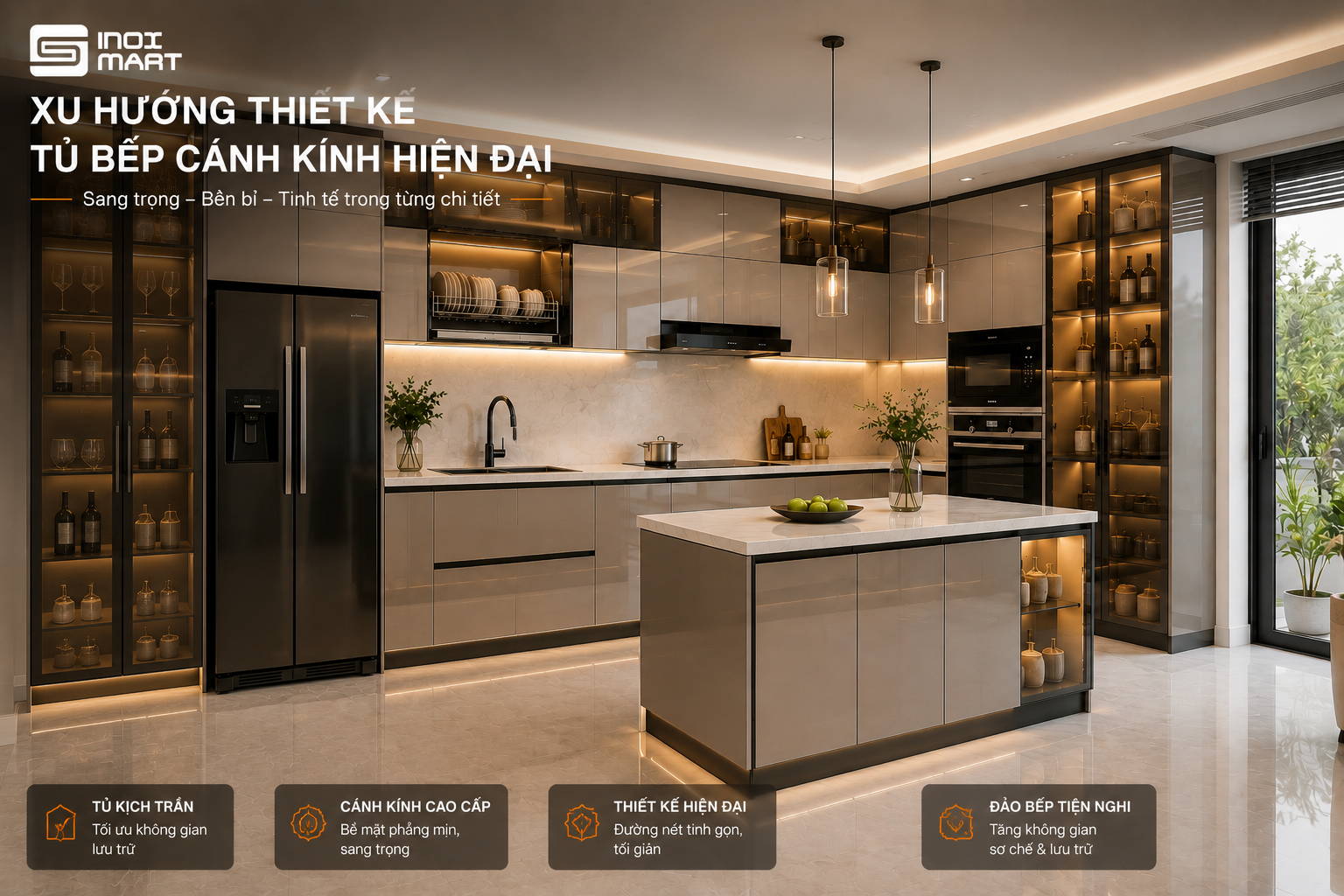 Xu hướng thiết kế tủ bếp cánh kính hiện đại với đảo bếp và tủ kịch trần