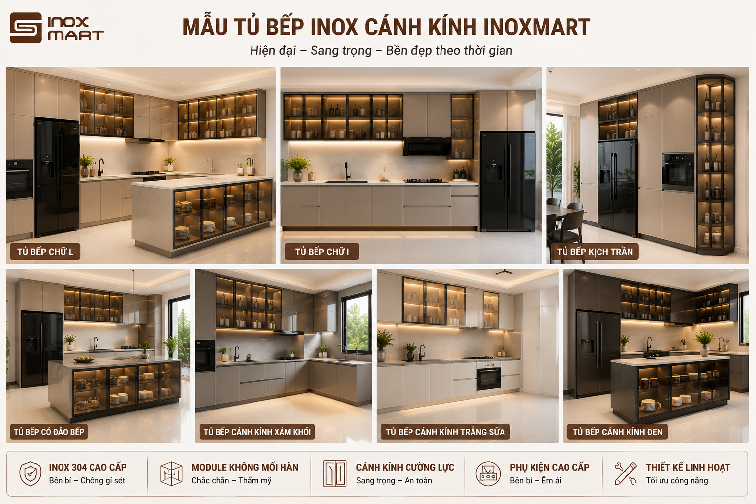 Một số mẫu tủ bếp inox cánh kính Inoxmart hiện đại