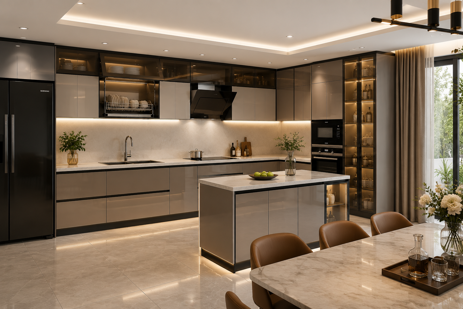 Mẫu tủ bếp cánh kính có bàn đảo