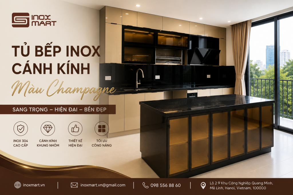 Tủ Bếp Inox Cánh Kính Màu Champagne Sang Trọng, Hiện Đại