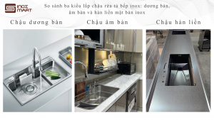 So sánh ba kiểu lắp chậu rửa tủ bếp inox: dương bàn, âm bàn và hàn liền mặt bàn inox