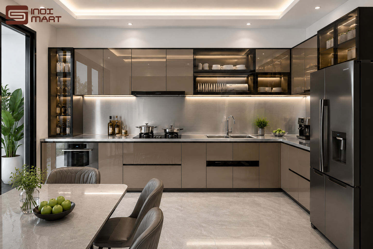 Tủ bếp inox cánh kính hiện đại