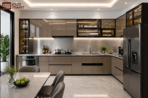 Tủ bếp inox cánh kính hiện đại trong không gian nhà ở