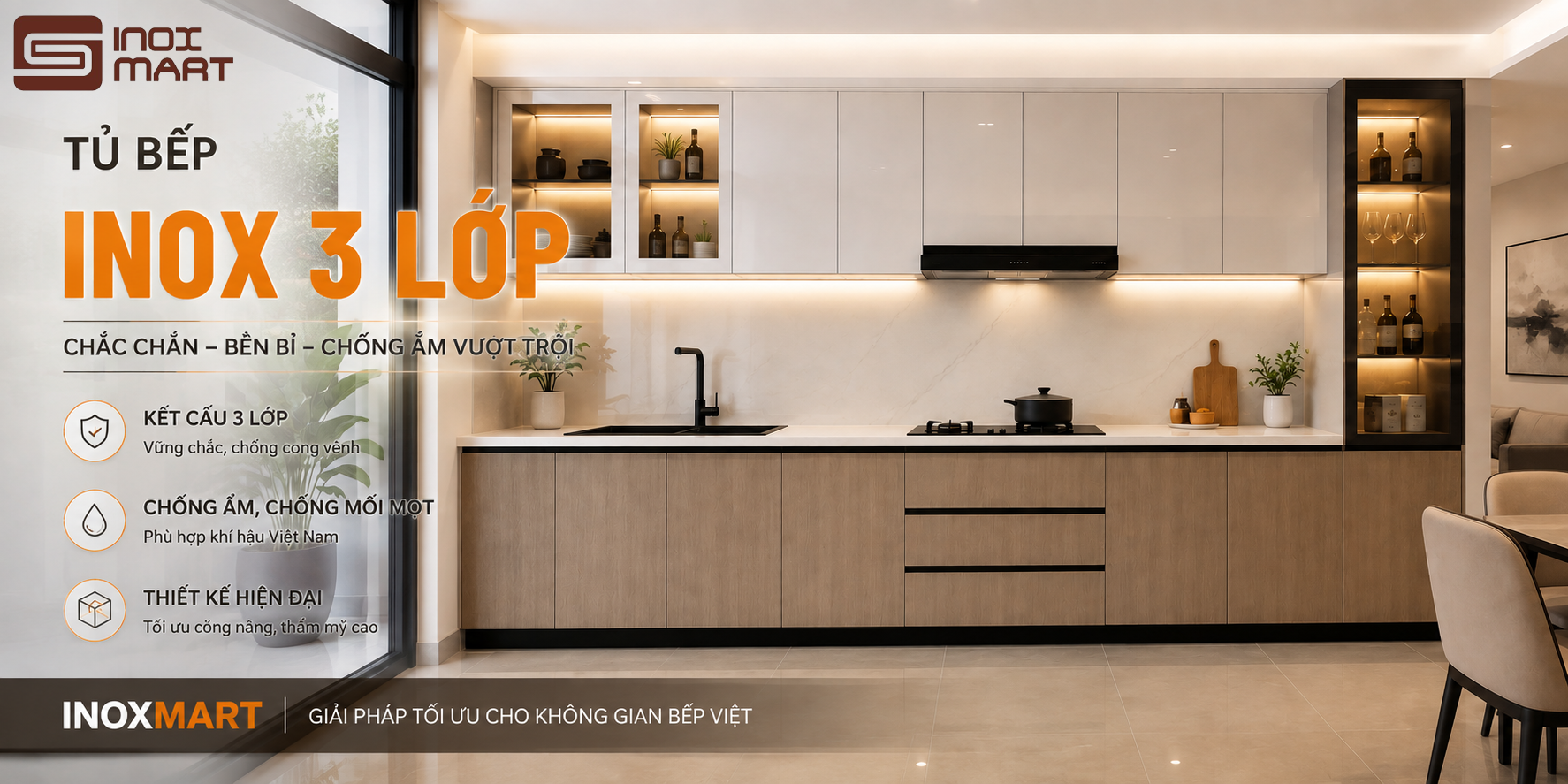 Tủ bếp inox 3 lớp hiện đại