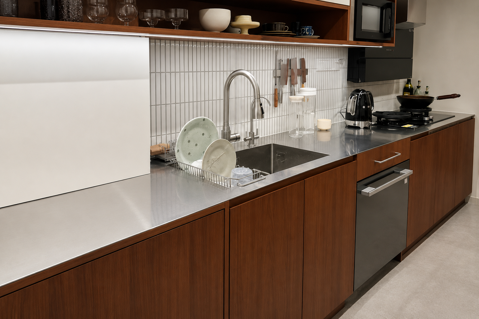 Mặt bàn inox trong không gian bếp hiện đại