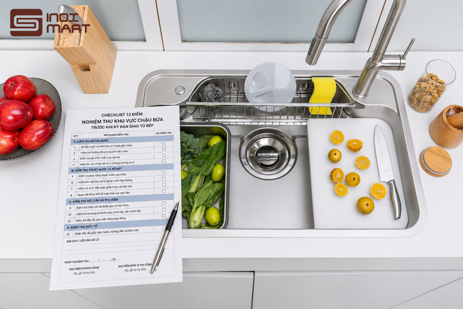 Checklist nghiệm thu khu vực chậu rửa trước khi ký bàn giao tủ bếp